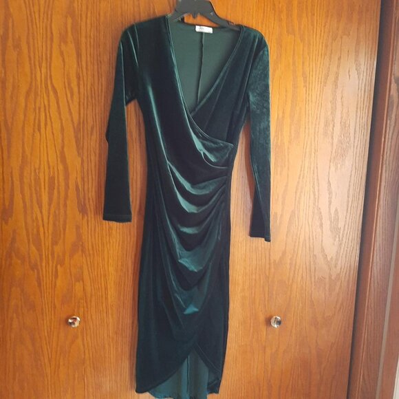 NEW! Dirass WMN Cocktail Hide Tummy Ruched Bodycon Dress Dark Green Velvet SizeM - Picture 1 of 8